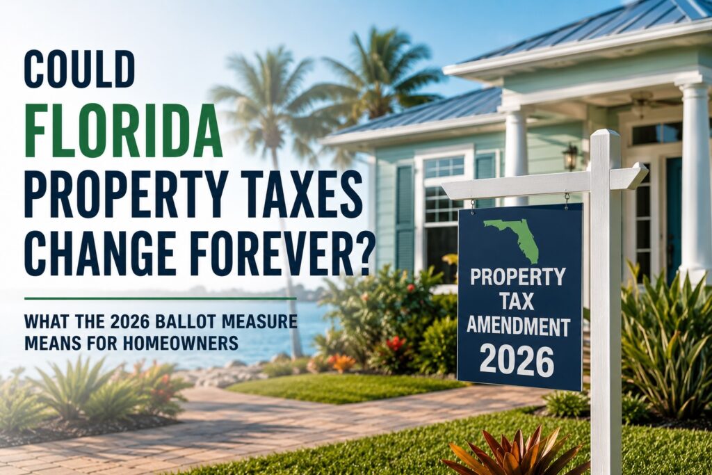 Florida waterfront home with a property tax sign illustrating Florida's proposed 2026 property tax amendment and what it could mean for homeowners.