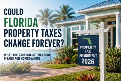 Florida waterfront home with a property tax sign illustrating Florida's proposed 2026 property tax amendment and what it could mean for homeowners.