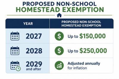 Timeline showing proposed Florida non-school homestead exemption increases under the 2026 property tax amendment, including $150,000 in 2027, $250,000 in 2028, and inflation-adjusted increases beginning in 2029.