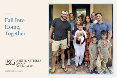 Three generations of Lysette Ketterer’s family gathered on a front porch beside “Fall Into Home, Together” and the Lysette Ketterer Group logo.